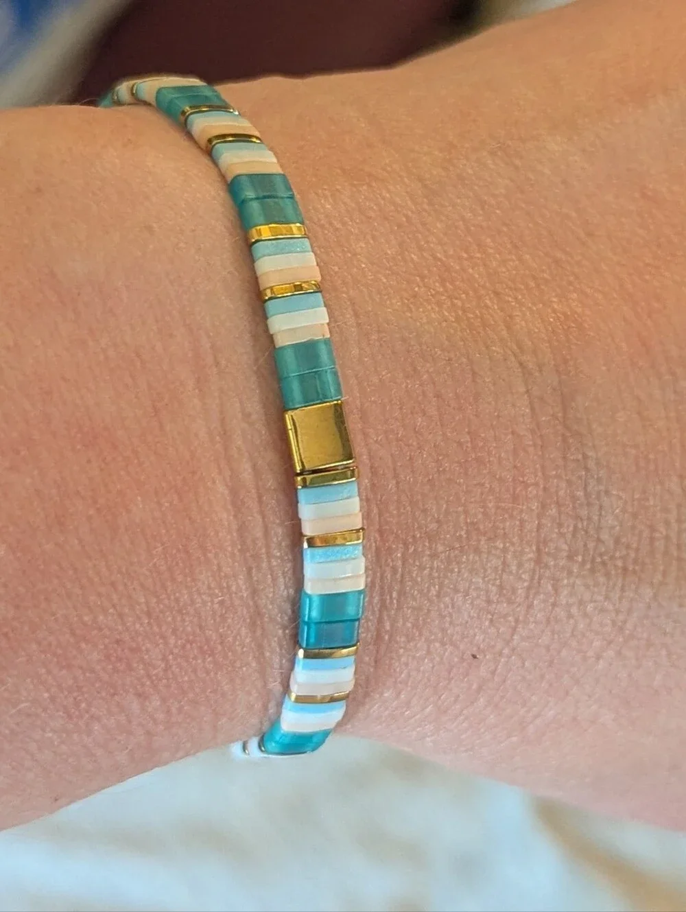 Turquoise & White Glass Tila Tile Stretch Bracelet